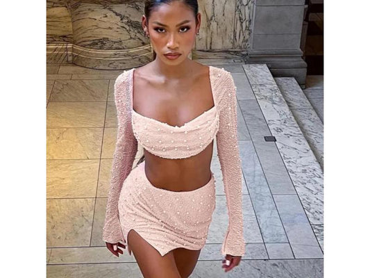 Σετ Crop Top Και Mini Φούστα Με Πέρλες