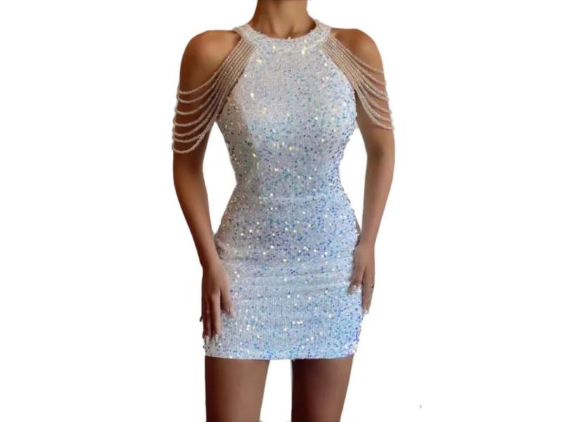 Mini Φόρεμα Halter Με Παγιέτες Και Αλυσίδες