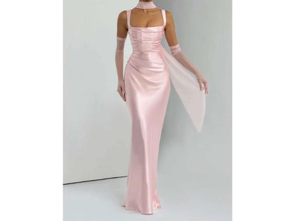 Maxi Φόρεμα Satin Με Κορσέ Και Γάντια