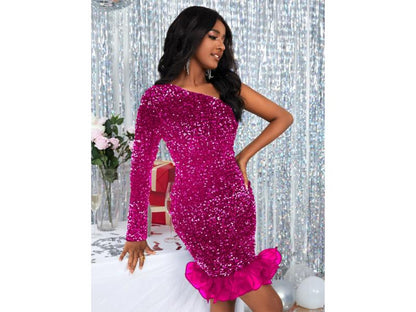 Mini Φόρεμα One Shoulder Με Παγιέτες Και Βολάν