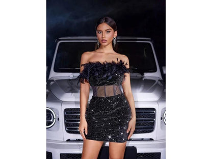 Mini Φόρεμα Strapless Με Φτερά Και Παγιέτες