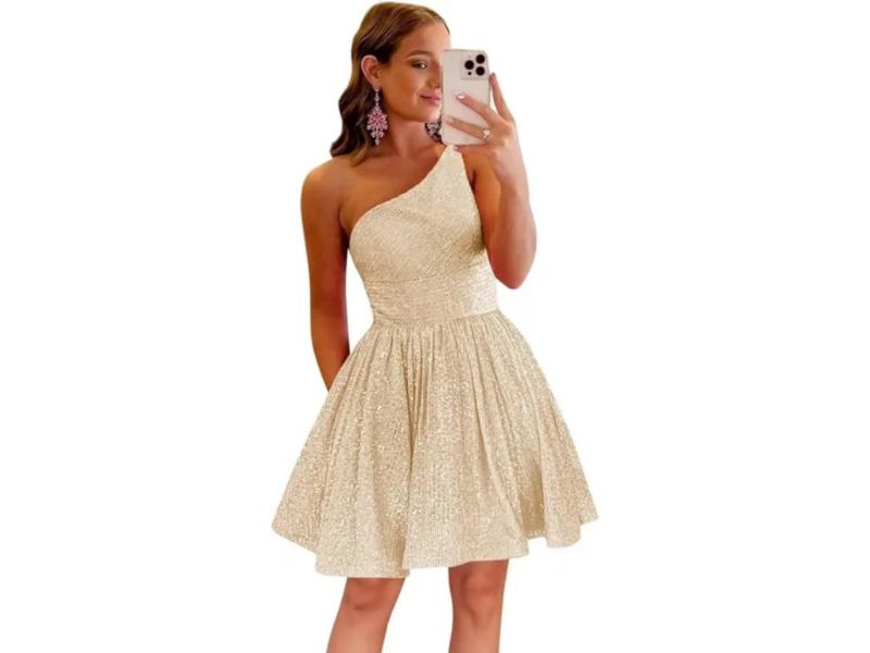Mini Φόρεμα One Shoulder Με Glitter Υφή