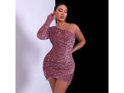 Mini Φόρεμα One Shoulder Με Glitter Και Draped Σχέδιο