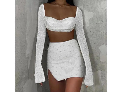 Σετ Crop Top Και Mini Φούστα Με Πέρλες